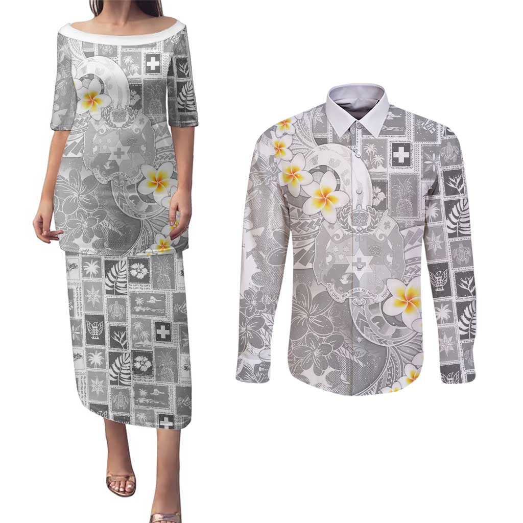 Tonga Christmas Couples Matching Puletasi and Long Sleeve Button Shirt Kilisimasi Fiefia Retro Style White - Polynesian Pride