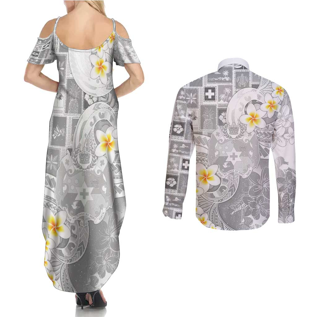 Tonga Christmas Couples Matching Summer Maxi Dress and Long Sleeve Button Shirt Kilisimasi Fiefia Retro Style White - Polynesian Pride