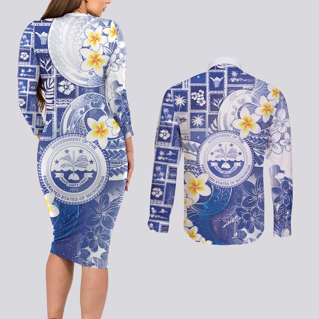 Federated States Of Micronesia Christmas Couples Matching Long Sleeve Bodycon Dress and Long Sleeve Button Shirt Retro Style Bright Version - Polynesian Pride