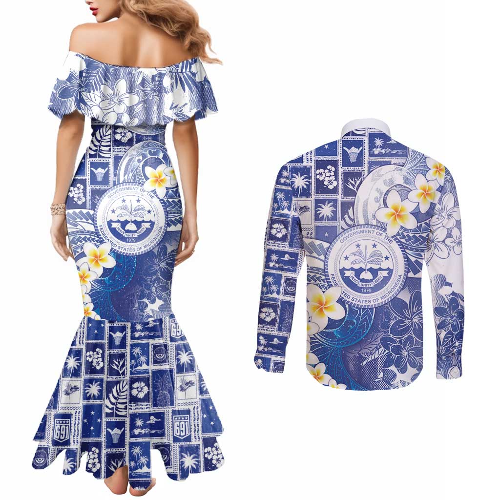 Federated States Of Micronesia Christmas Couples Matching Mermaid Dress and Long Sleeve Button Shirt Retro Style Bright Version - Polynesian Pride