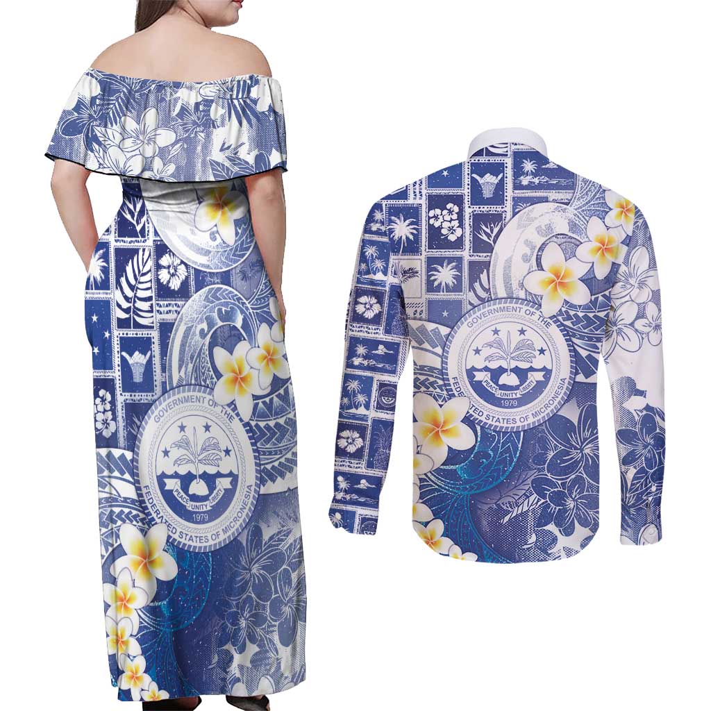 Federated States Of Micronesia Christmas Couples Matching Off Shoulder Maxi Dress and Long Sleeve Button Shirt Retro Style Bright Version - Polynesian Pride