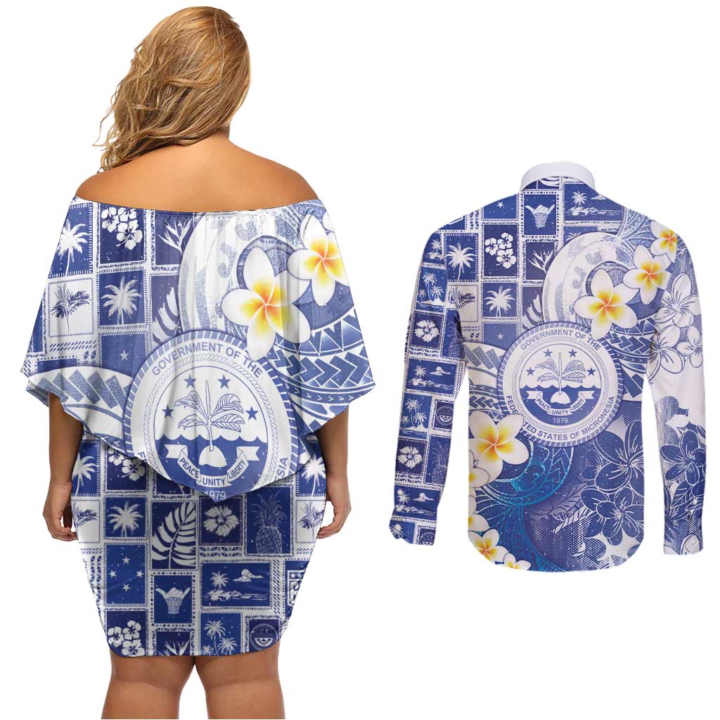 Federated States Of Micronesia Christmas Couples Matching Off Shoulder Short Dress and Long Sleeve Button Shirt Retro Style Bright Version - Polynesian Pride