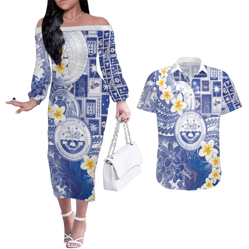 Federated States Of Micronesia Christmas Couples Matching Off The Shoulder Long Sleeve Dress and Hawaiian Shirt Retro Style Bright Version - Polynesian Pride