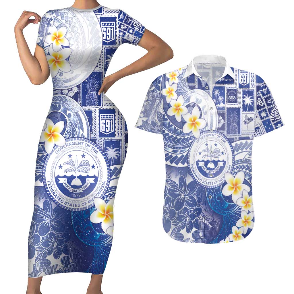 Federated States Of Micronesia Christmas Couples Matching Short Sleeve Bodycon Dress and Hawaiian Shirt Retro Style Bright Version - Polynesian Pride