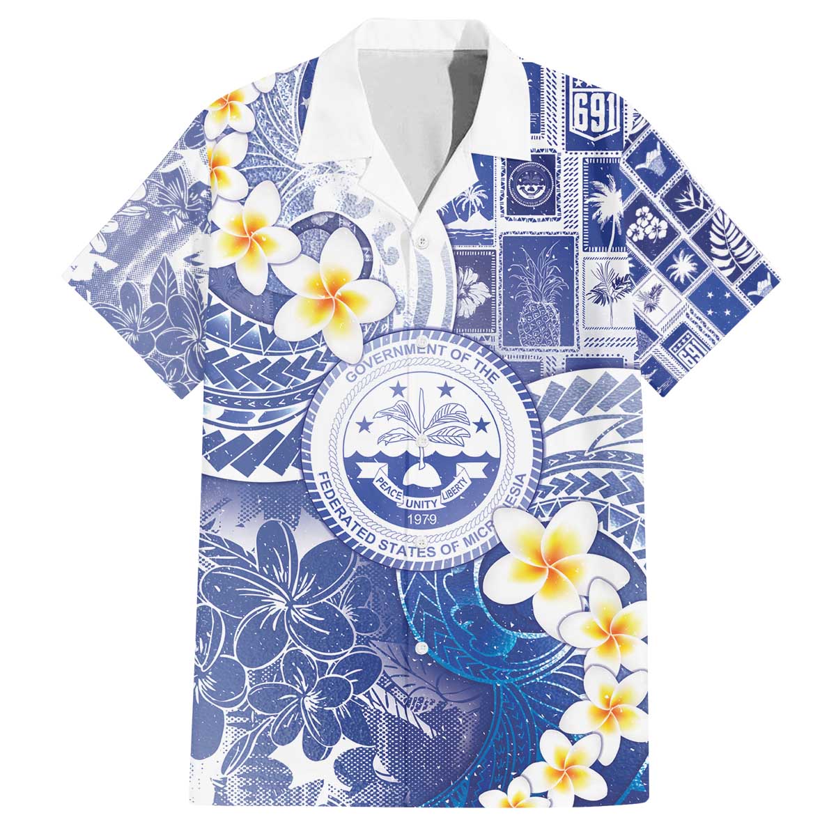 Federated States Of Micronesia Christmas Family Matching Off The Shoulder Long Sleeve Dress and Hawaiian Shirt Retro Style Bright Version LT05 Dad's Shirt - Short Sleeve Blue - Polynesian Pride