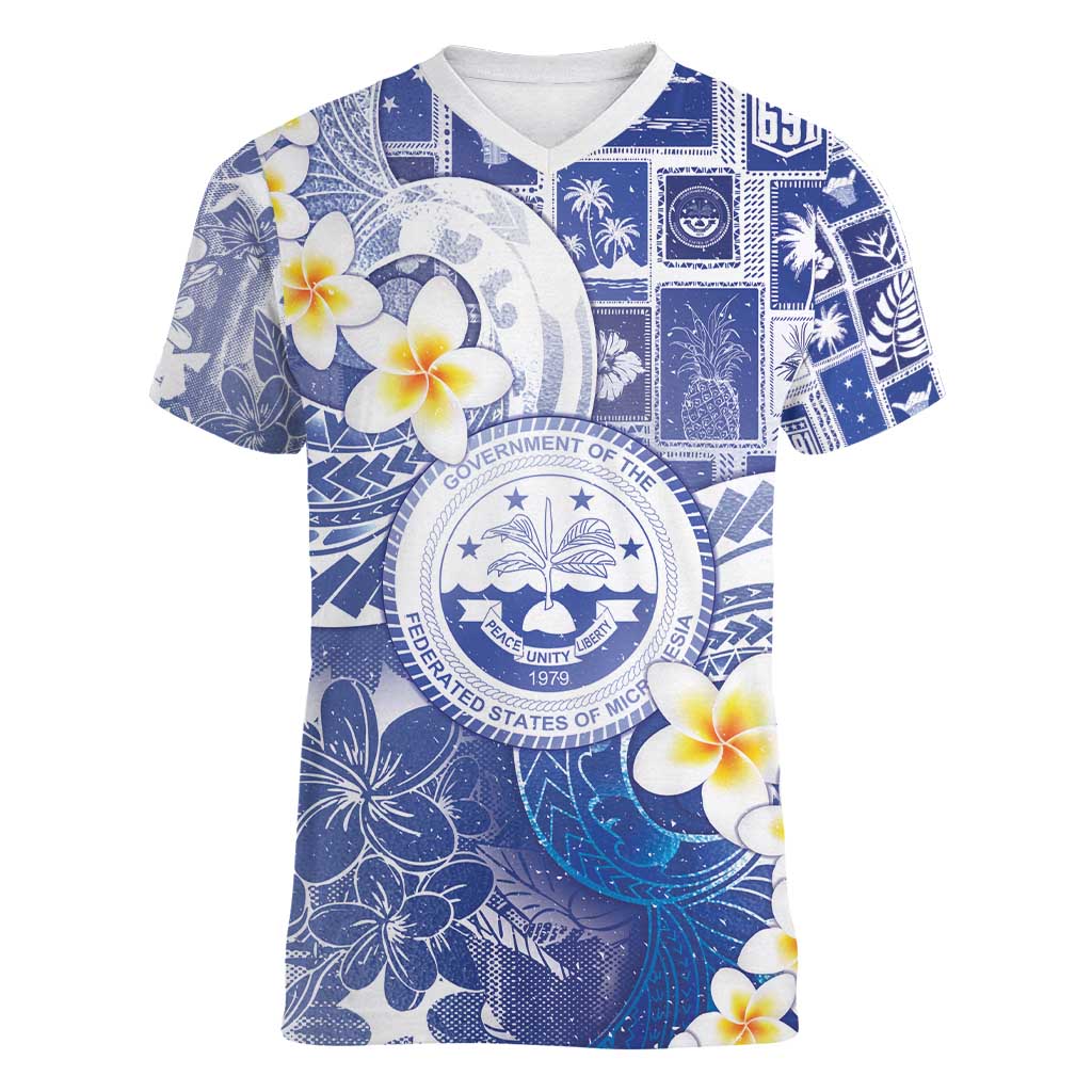 Federated States Of Micronesia Christmas Women V-Neck T-Shirt Retro Style Bright Version - Polynesian Pride