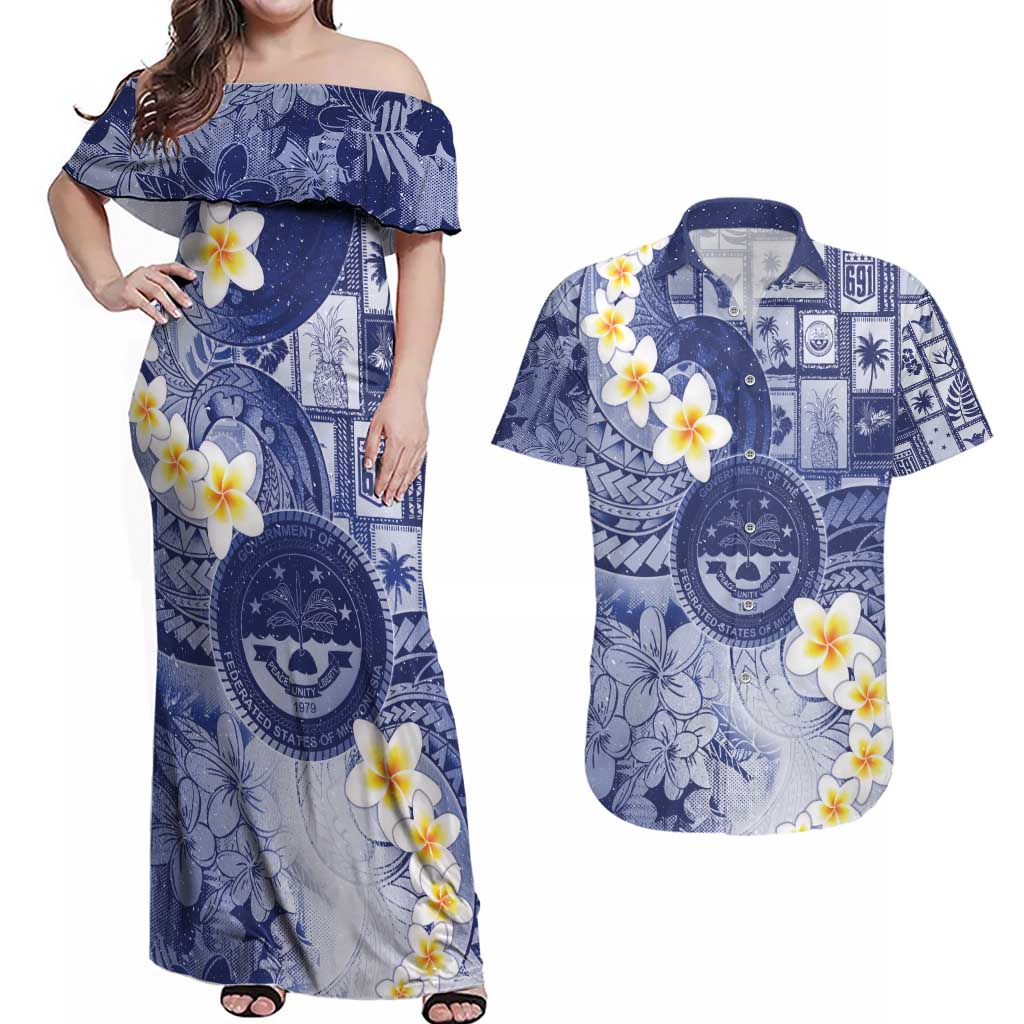 Federated States Of Micronesia Christmas Couples Matching Off Shoulder Maxi Dress and Hawaiian Shirt Retro Style Dark Version - Polynesian Pride