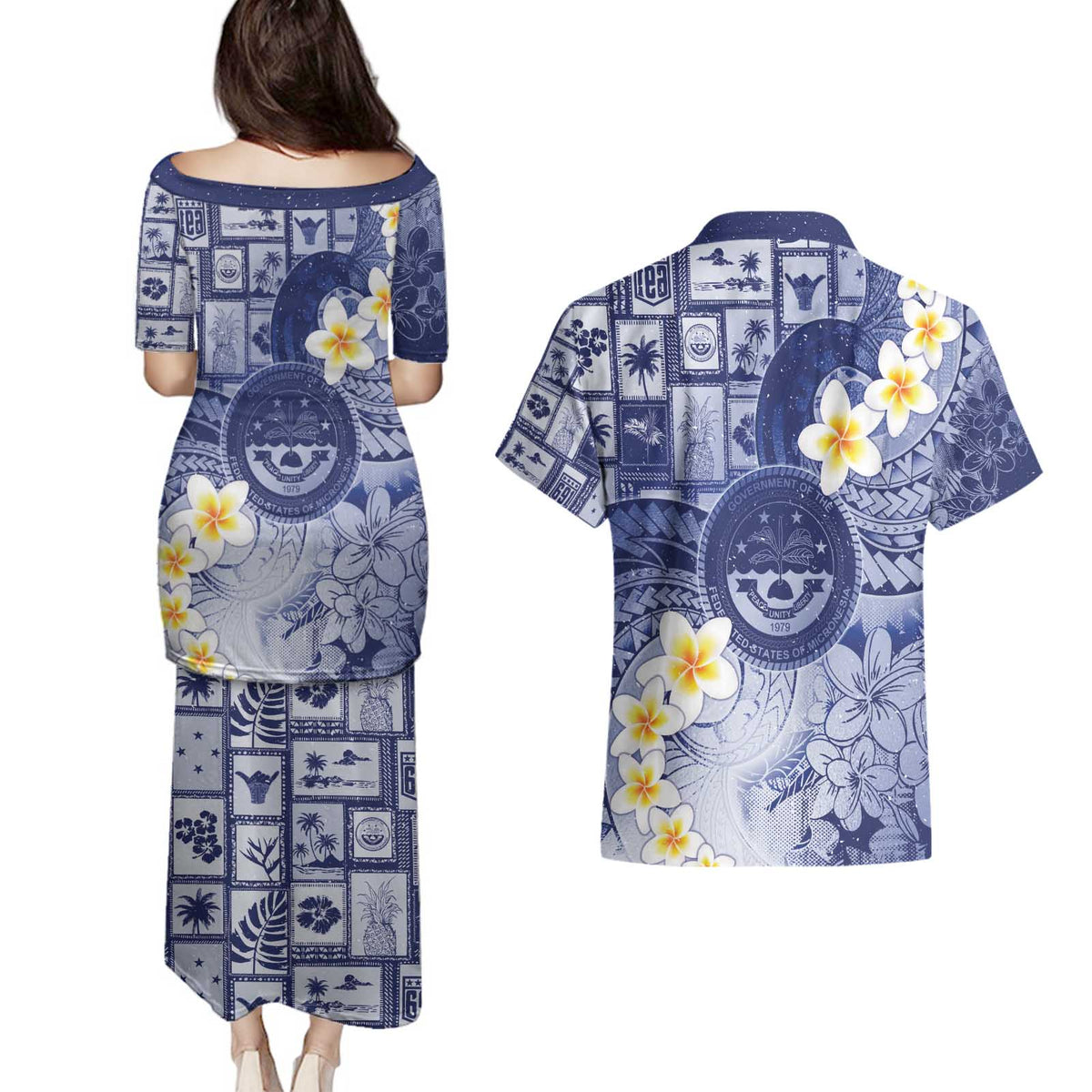 Federated States Of Micronesia Christmas Couples Matching Puletasi and Hawaiian Shirt Retro Style Dark Version - Polynesian Pride