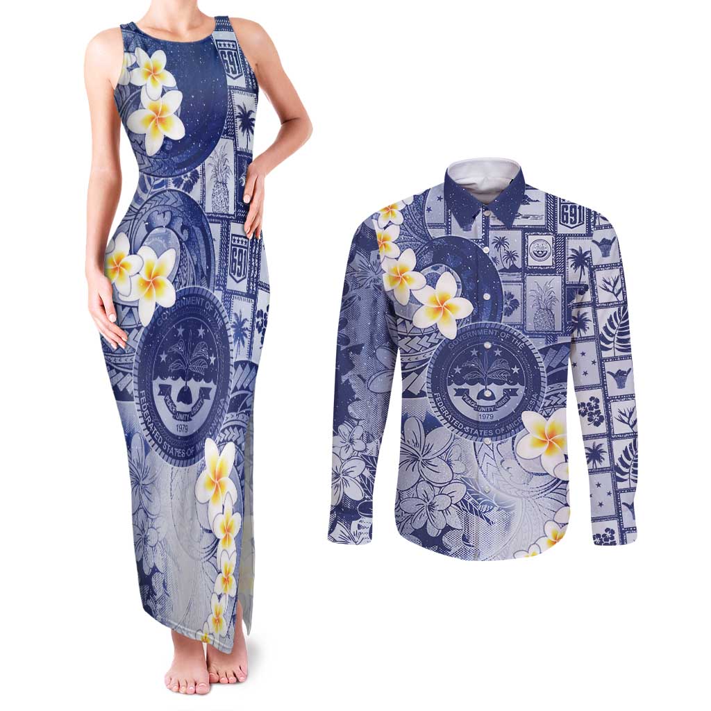 Federated States Of Micronesia Christmas Couples Matching Tank Maxi Dress and Long Sleeve Button Shirt Retro Style Dark Version - Polynesian Pride