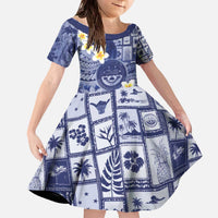 Federated States Of Micronesia Christmas Family Matching Off The Shoulder Long Sleeve Dress and Hawaiian Shirt Retro Style Dark Version LT05 Daughter's Dress Navy - Polynesian Pride