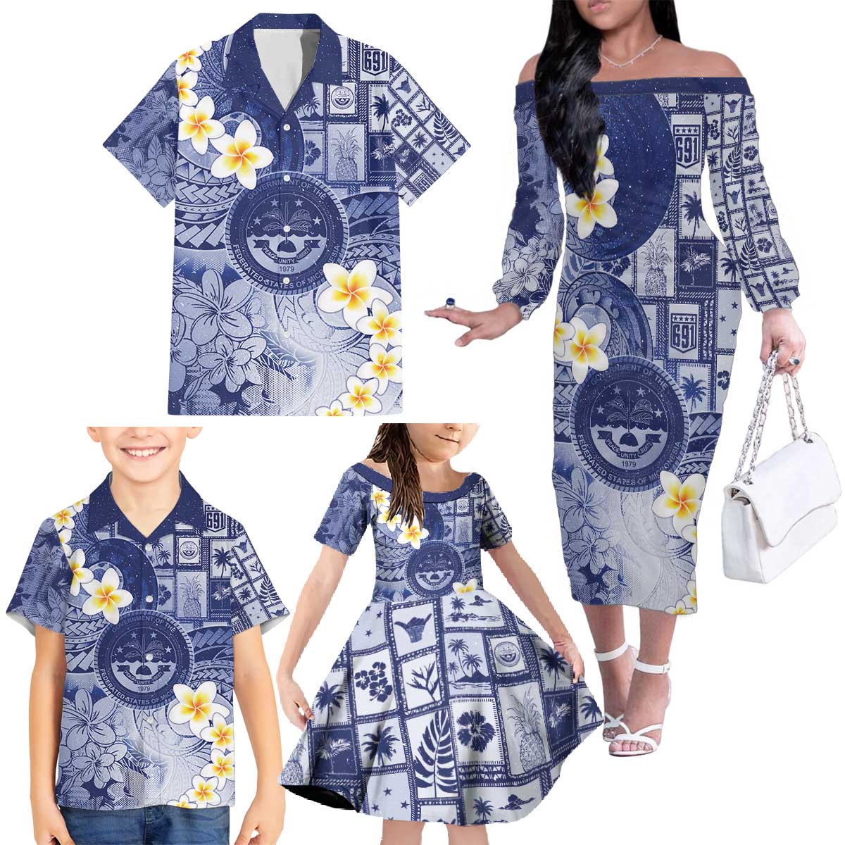 Federated States Of Micronesia Christmas Family Matching Off The Shoulder Long Sleeve Dress and Hawaiian Shirt Retro Style Dark Version LT05 - Polynesian Pride