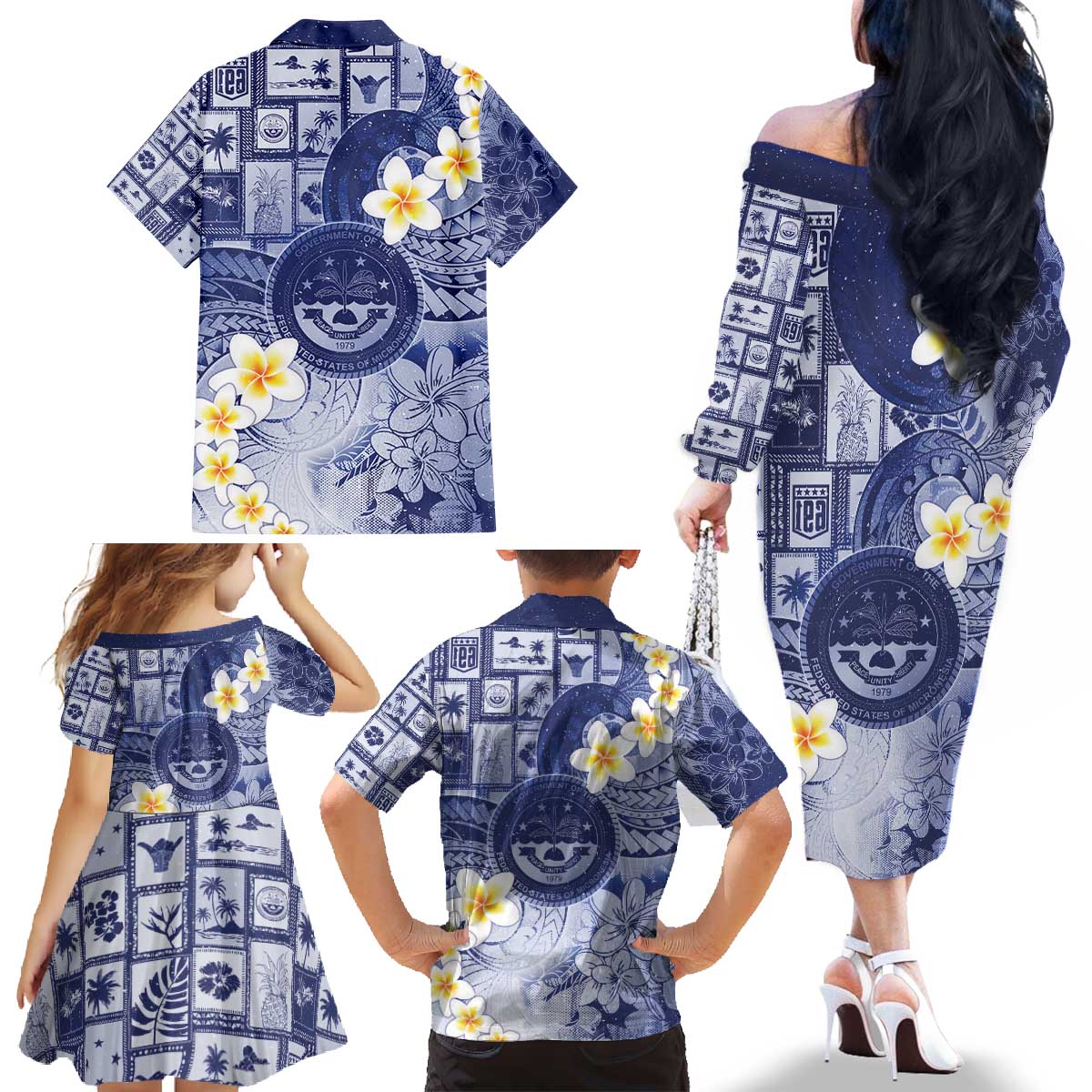 Federated States Of Micronesia Christmas Family Matching Off The Shoulder Long Sleeve Dress and Hawaiian Shirt Retro Style Dark Version LT05 - Polynesian Pride