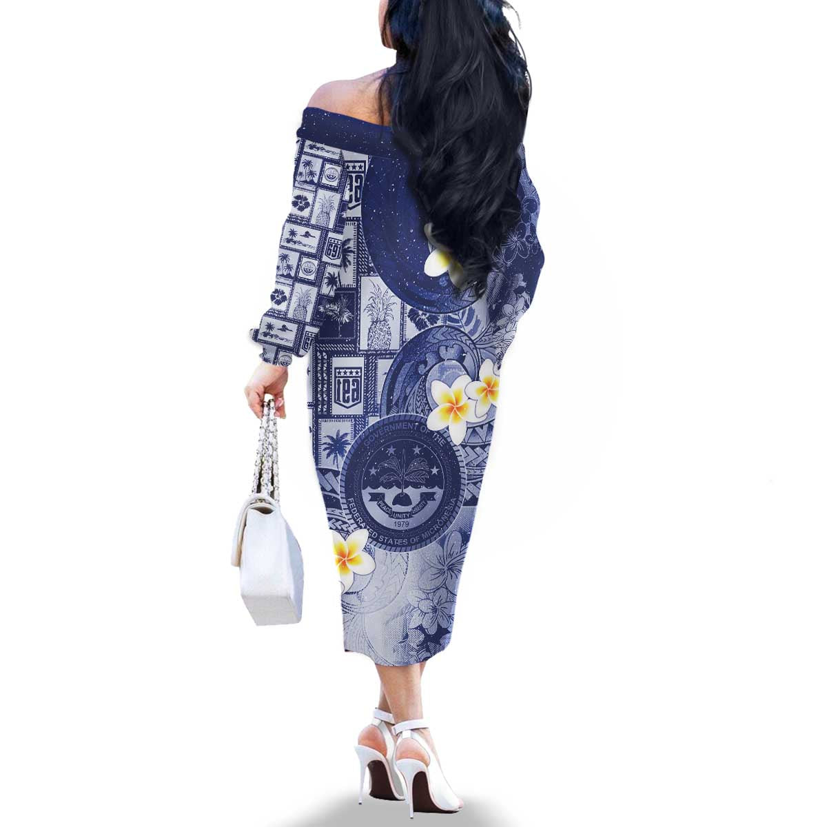 Federated States Of Micronesia Christmas Family Matching Off The Shoulder Long Sleeve Dress and Hawaiian Shirt Retro Style Dark Version LT05 - Polynesian Pride