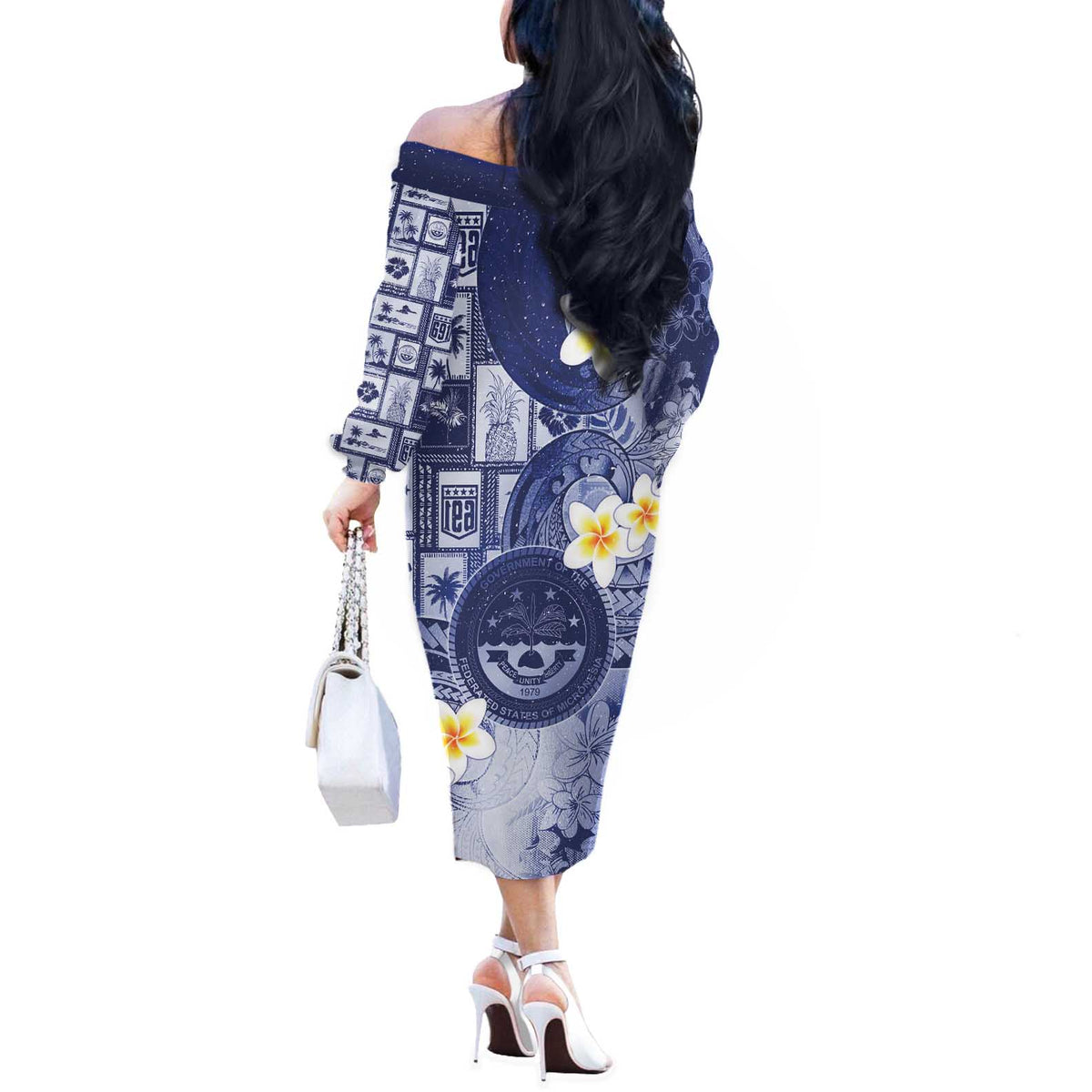 Federated States Of Micronesia Christmas Off The Shoulder Long Sleeve Dress Retro Style Dark Version - Polynesian Pride