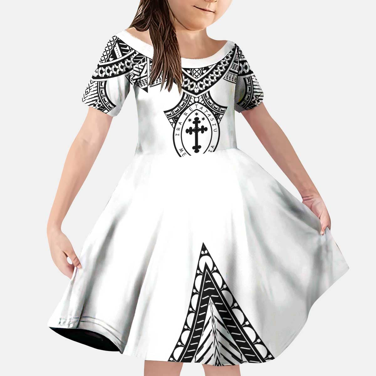 Personalised Melanesian Brotherhood Kid Short Sleeve Dress With Tribal Pattern LT05 KID White - Polynesian Pride