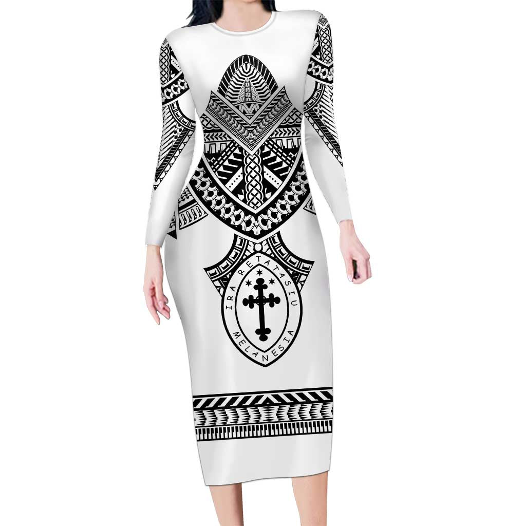 Personalised Melanesian Brotherhood Long Sleeve Bodycon Dress With Tribal Pattern LT05 Long Dress White - Polynesian Pride