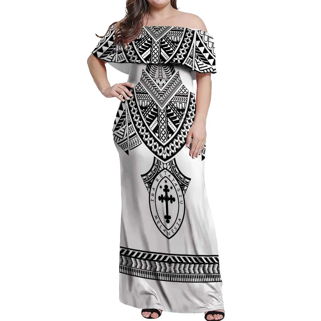Personalised Melanesian Brotherhood Off Shoulder Maxi Dress With Tribal Pattern LT05 Women White - Polynesian Pride