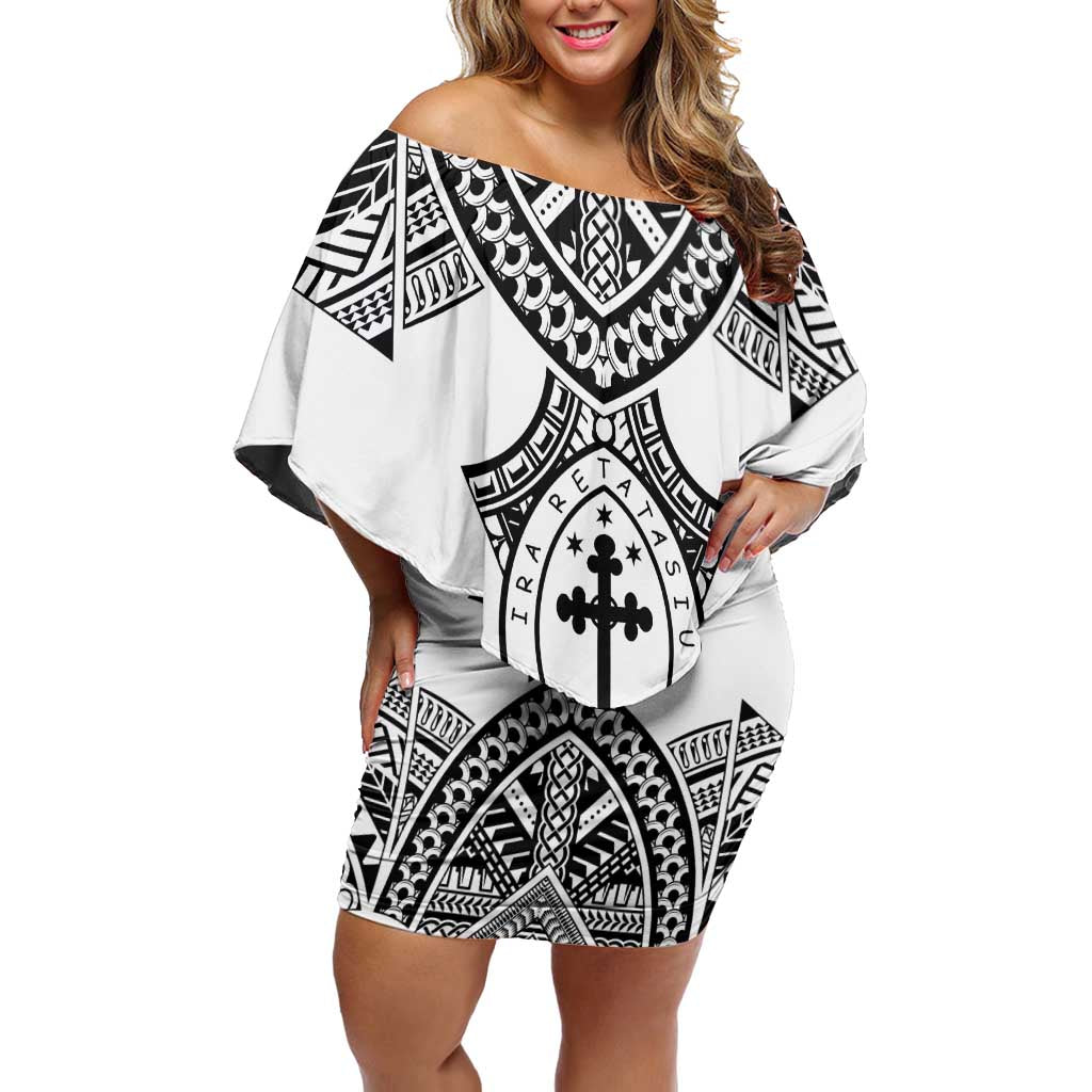 Personalised Melanesian Brotherhood Off Shoulder Short Dress With Tribal Pattern LT05 Women White - Polynesian Pride