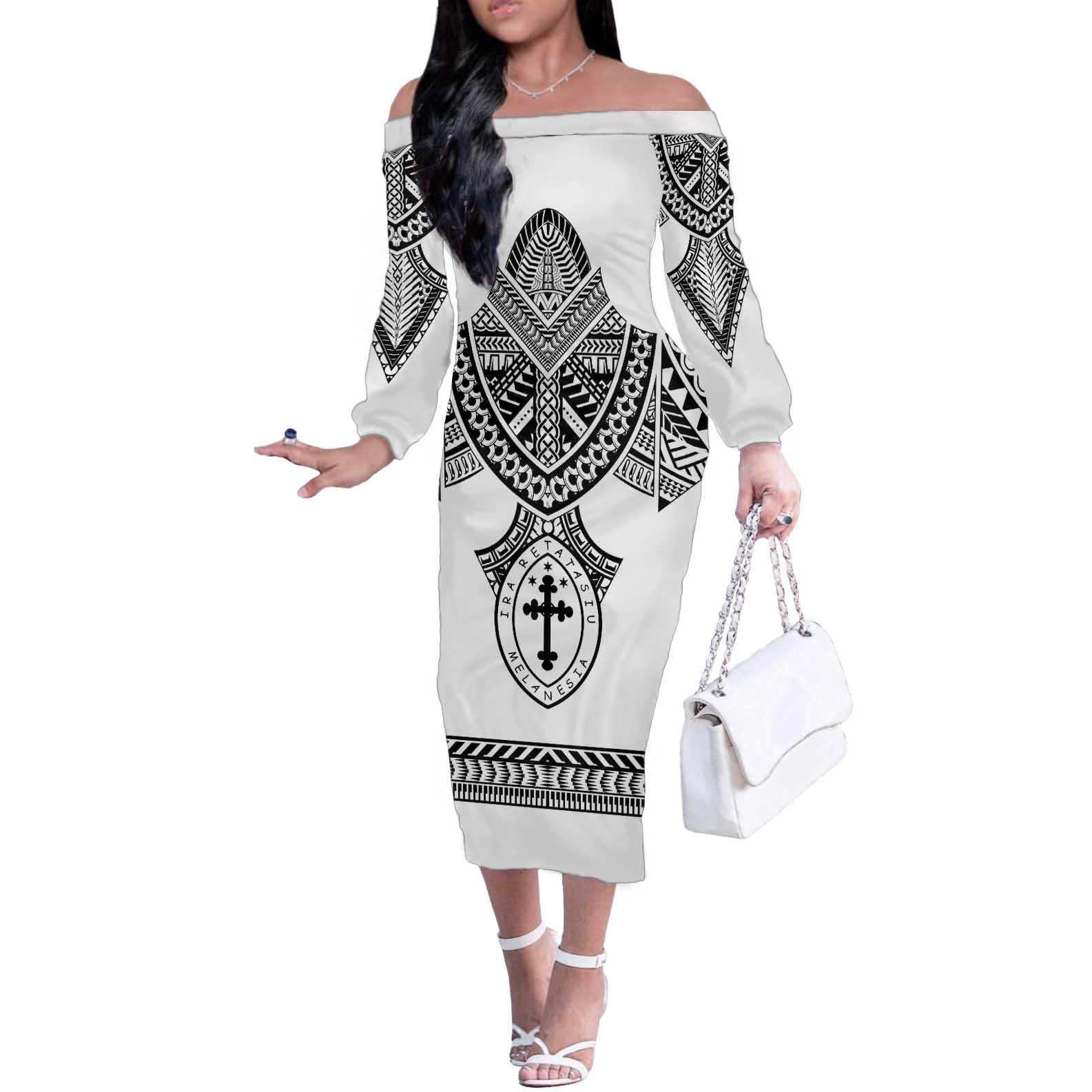 Personalised Melanesian Brotherhood Off The Shoulder Long Sleeve Dress With Tribal Pattern LT05 Women White - Polynesian Pride