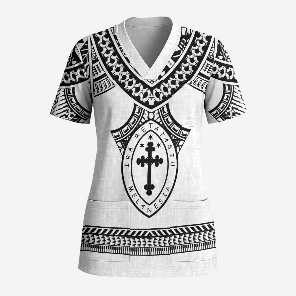 Personalised Melanesian Brotherhood Scrub Top With Tribal Pattern LT05 Adult White - Polynesian Pride