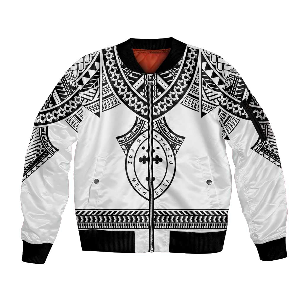 Personalised Melanesian Brotherhood Sleeve Zip Bomber Jacket With Tribal Pattern LT05 Unisex White - Polynesian Pride