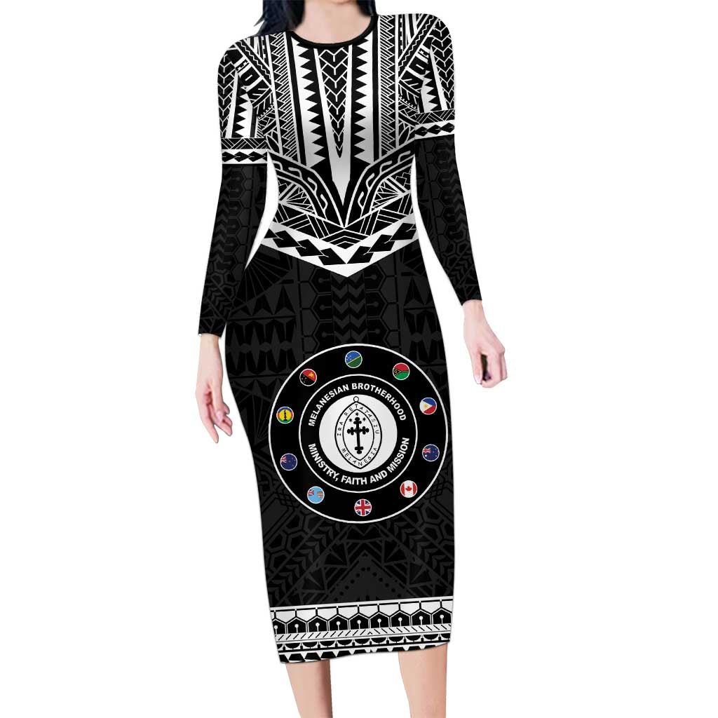 Personalised Melanesian Brotherhood Long Sleeve Bodycon Dress Ministry Faith And Mission LT05 Long Dress Black - Polynesian Pride