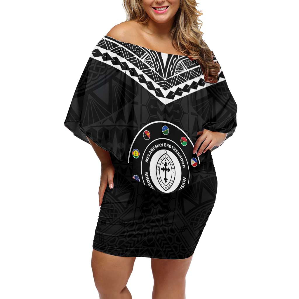 Personalised Melanesian Brotherhood Off Shoulder Short Dress Ministry Faith And Mission LT05 Women Black - Polynesian Pride