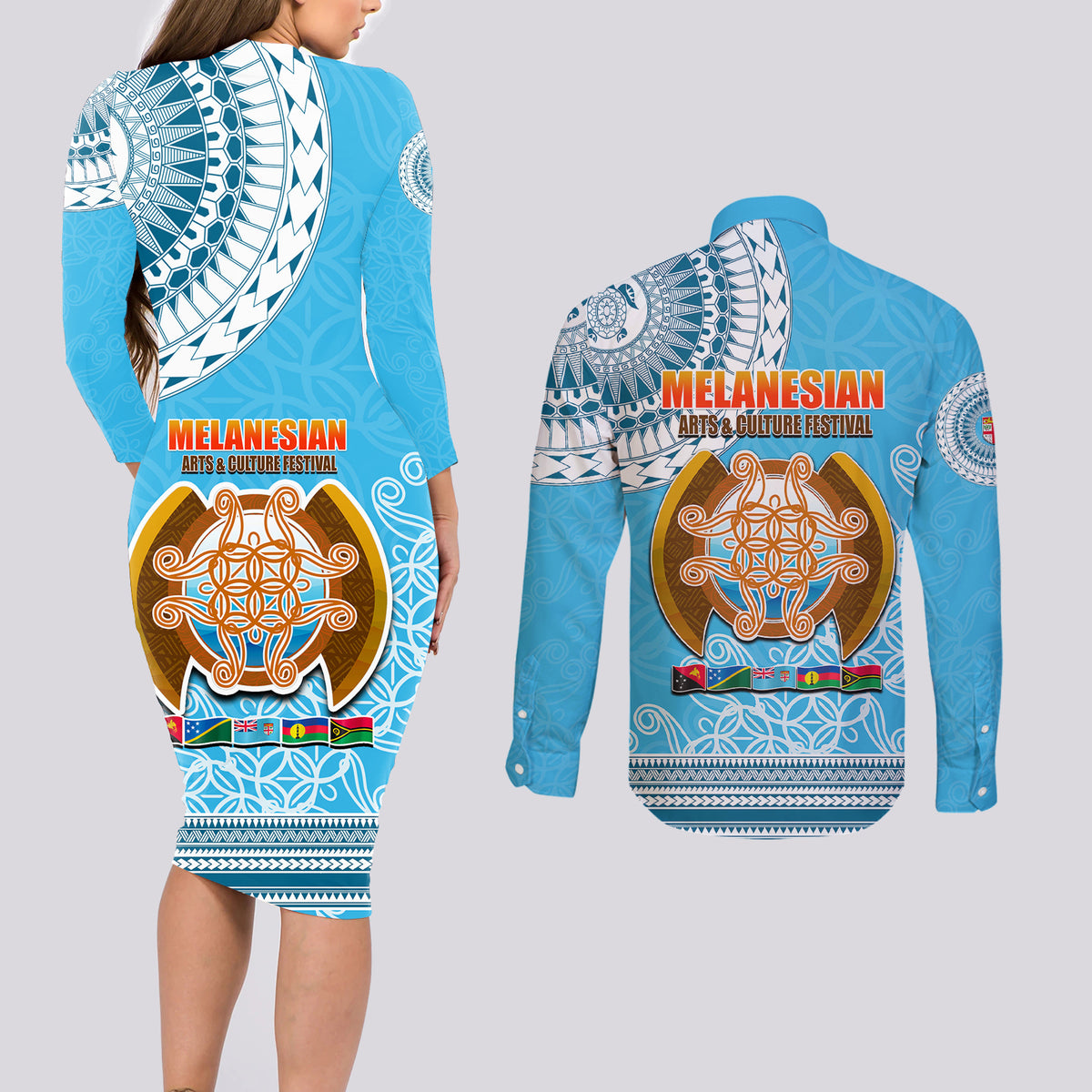 Fiji Couples Matching Long Sleeve Bodycon Dress and Long Sleeve Button Shirts Melanesian Festival 2023 LT6 - Polynesian Pride