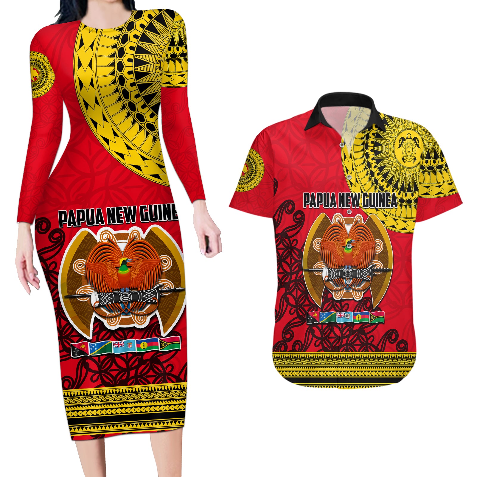 Papua New Guinea Couples Matching Long Sleeve Bodycon Dress and Hawaiian Shirt Melanesian Festival 2023 LT6 Red - Polynesian Pride