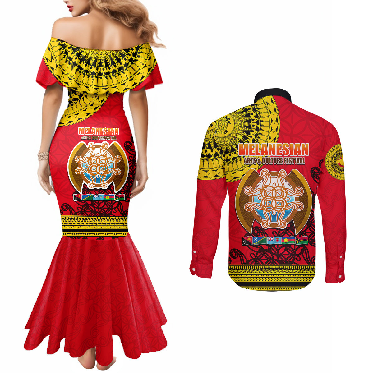 Papua New Guinea Couples Matching Mermaid Dress and Long Sleeve Button Shirts Melanesian Festival 2023 LT6 - Polynesian Pride