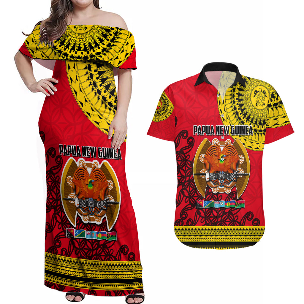 Papua New Guinea Couples Matching Off Shoulder Maxi Dress and Hawaiian Shirt Melanesian Festival 2023 LT6 Red - Polynesian Pride