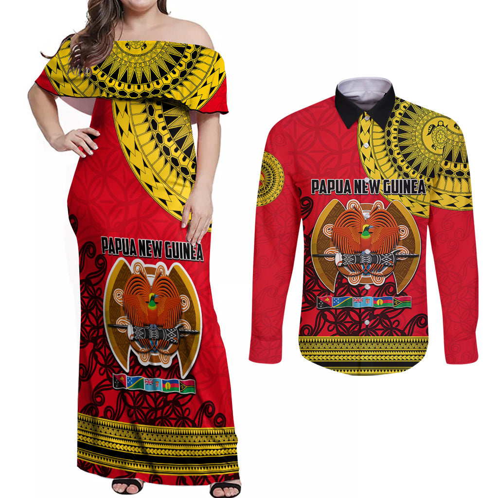 Papua New Guinea Couples Matching Off Shoulder Maxi Dress and Long Sleeve Button Shirts Melanesian Festival 2023 LT6 Red - Polynesian Pride