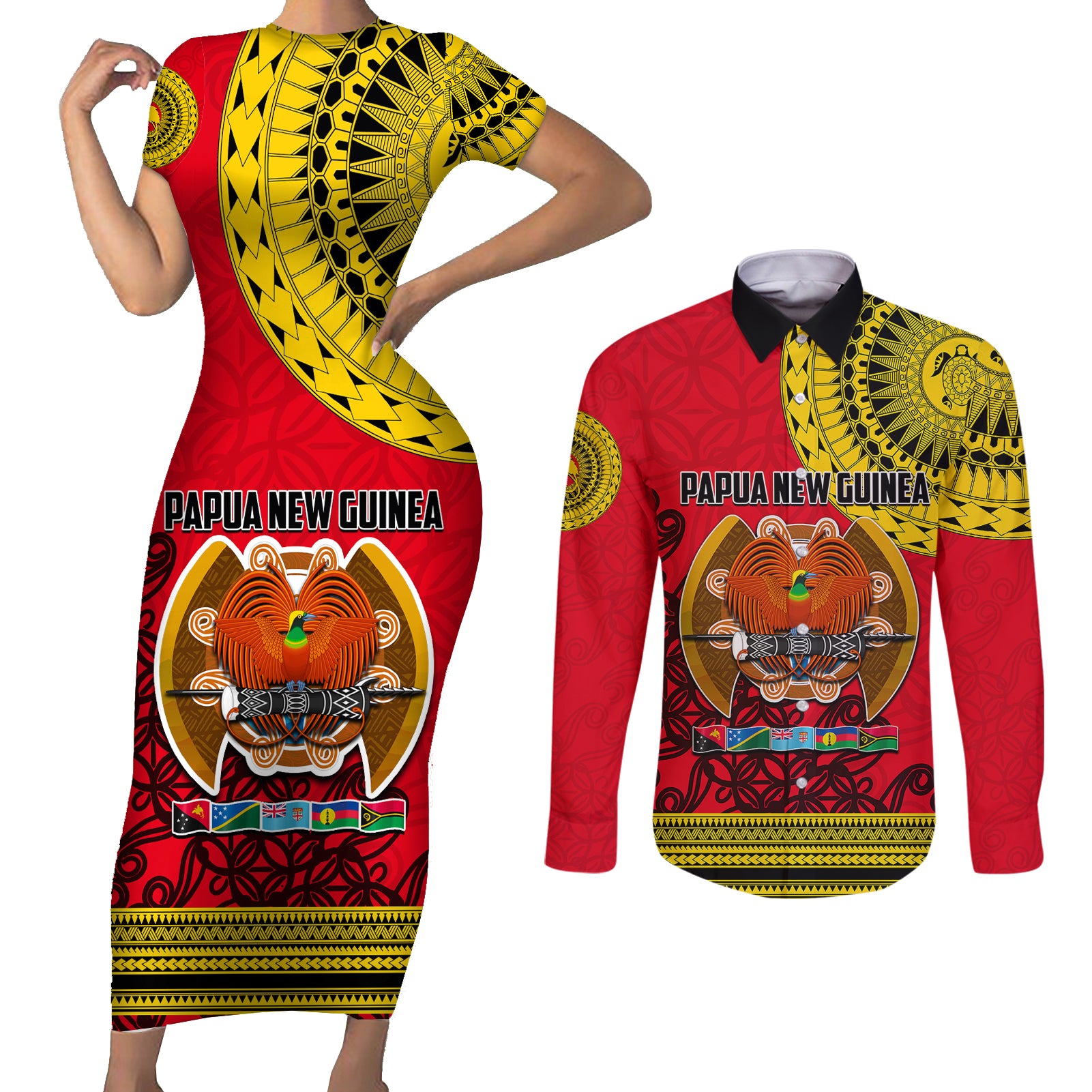 Papua New Guinea Couples Matching Short Sleeve Bodycon Dress and Long Sleeve Button Shirts Melanesian Festival 2023 LT6 Red - Polynesian Pride