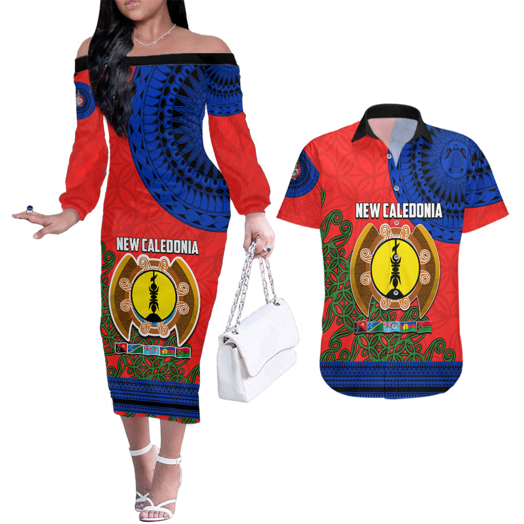 New Caledonia Couples Matching Off The Shoulder Long Sleeve Dress and Hawaiian Shirt Melanesian Festival 2023 LT6 Red - Polynesian Pride