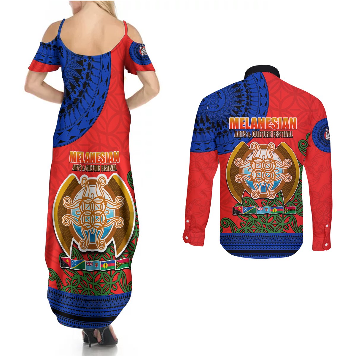 New Caledonia Couples Matching Summer Maxi Dress and Long Sleeve Button Shirts Melanesian Festival 2023 LT6 - Polynesian Pride