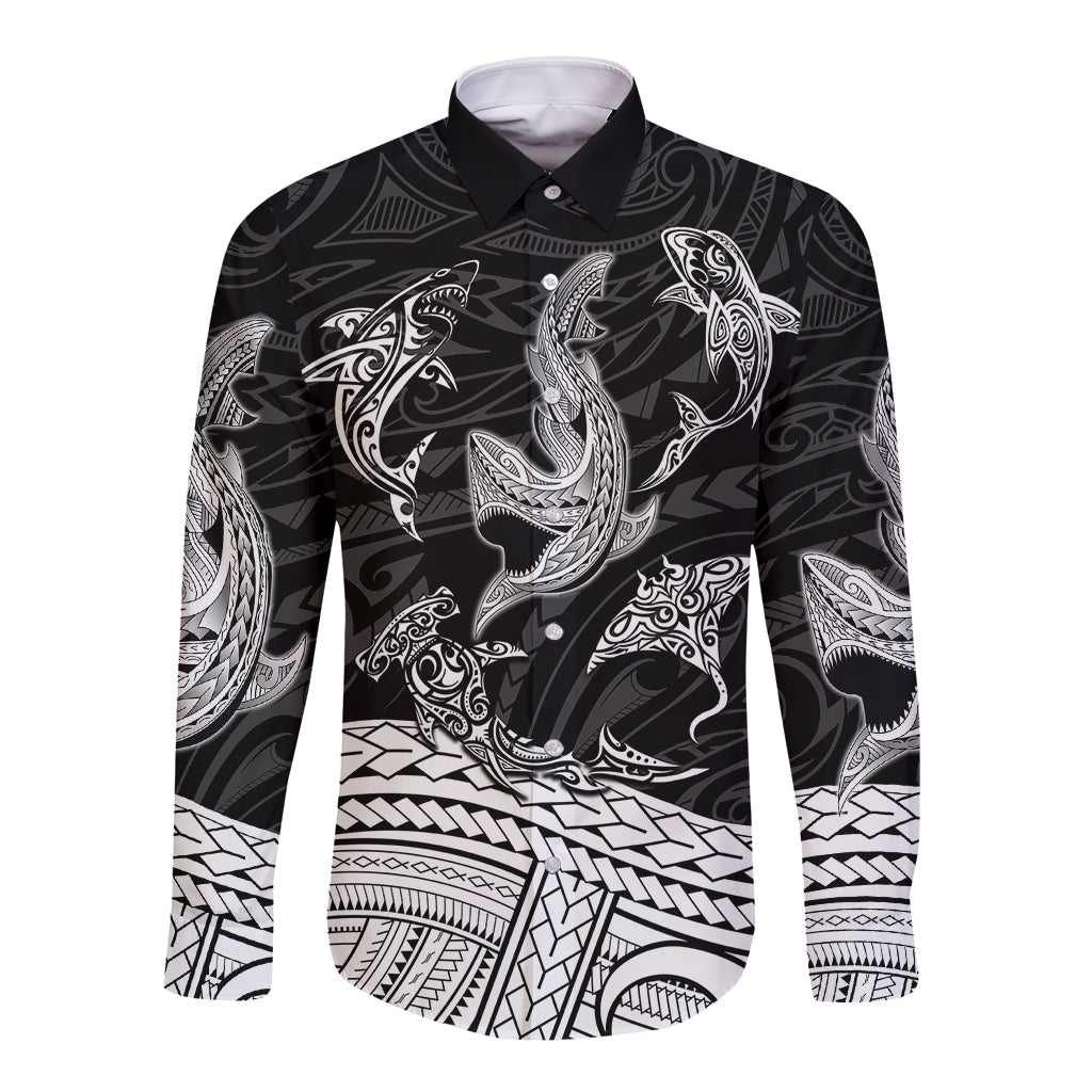 Polynesian Tribal Long Sleeve Button Shirt with Sharks Tattoo White LT6 Unisex White - Polynesian Pride