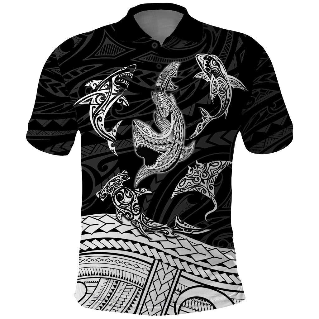 Polynesian Tribal Polo Shirt with Sharks Tattoo White LT6 White - Polynesian Pride
