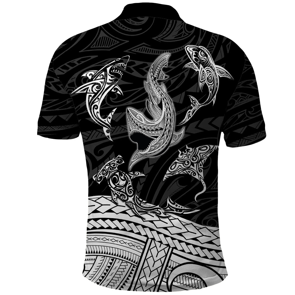Polynesian Tribal Polo Shirt with Sharks Tattoo White LT6 - Polynesian Pride
