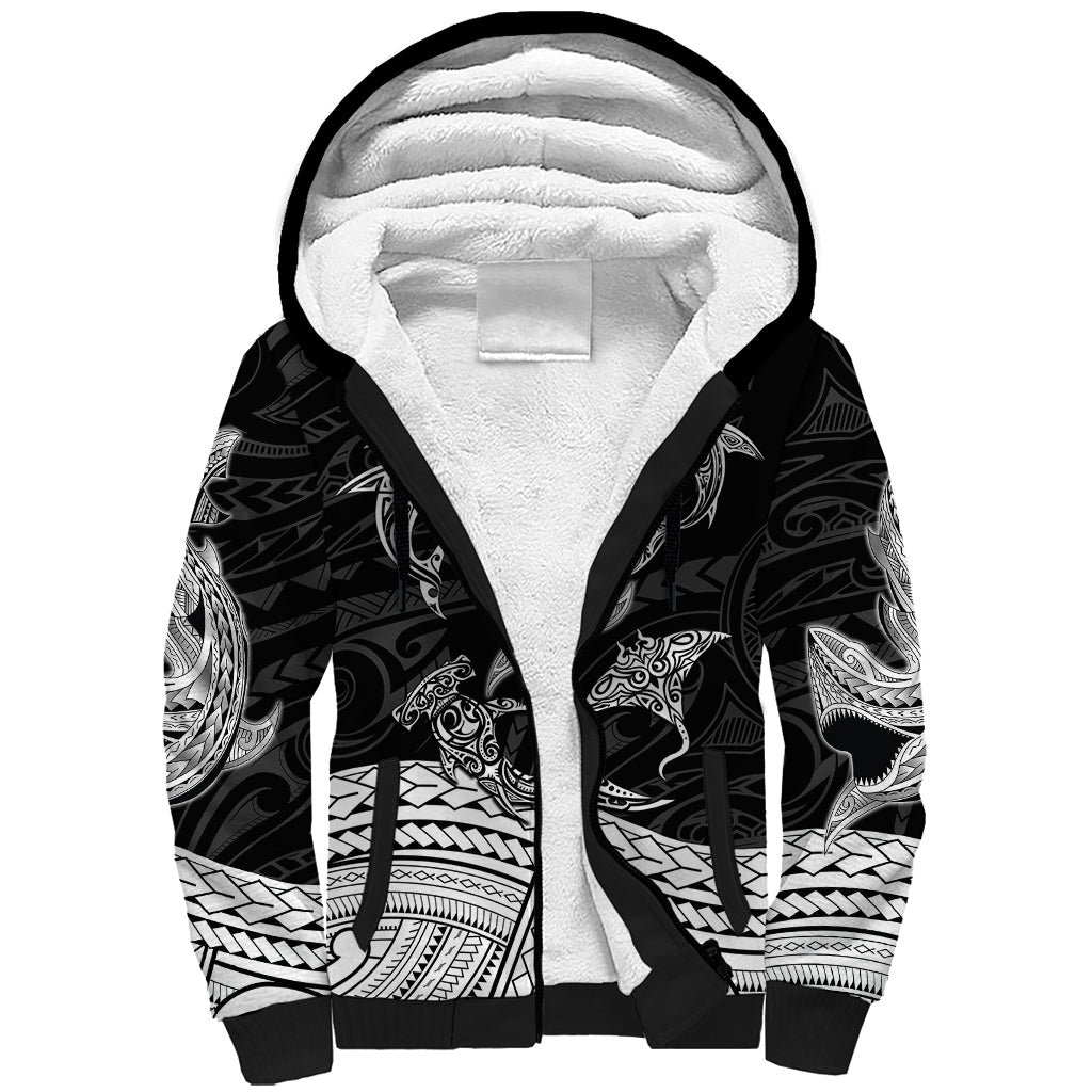 Polynesian Tribal Sherpa Hoodie with Sharks Tattoo White LT6 Unisex White - Polynesian Pride