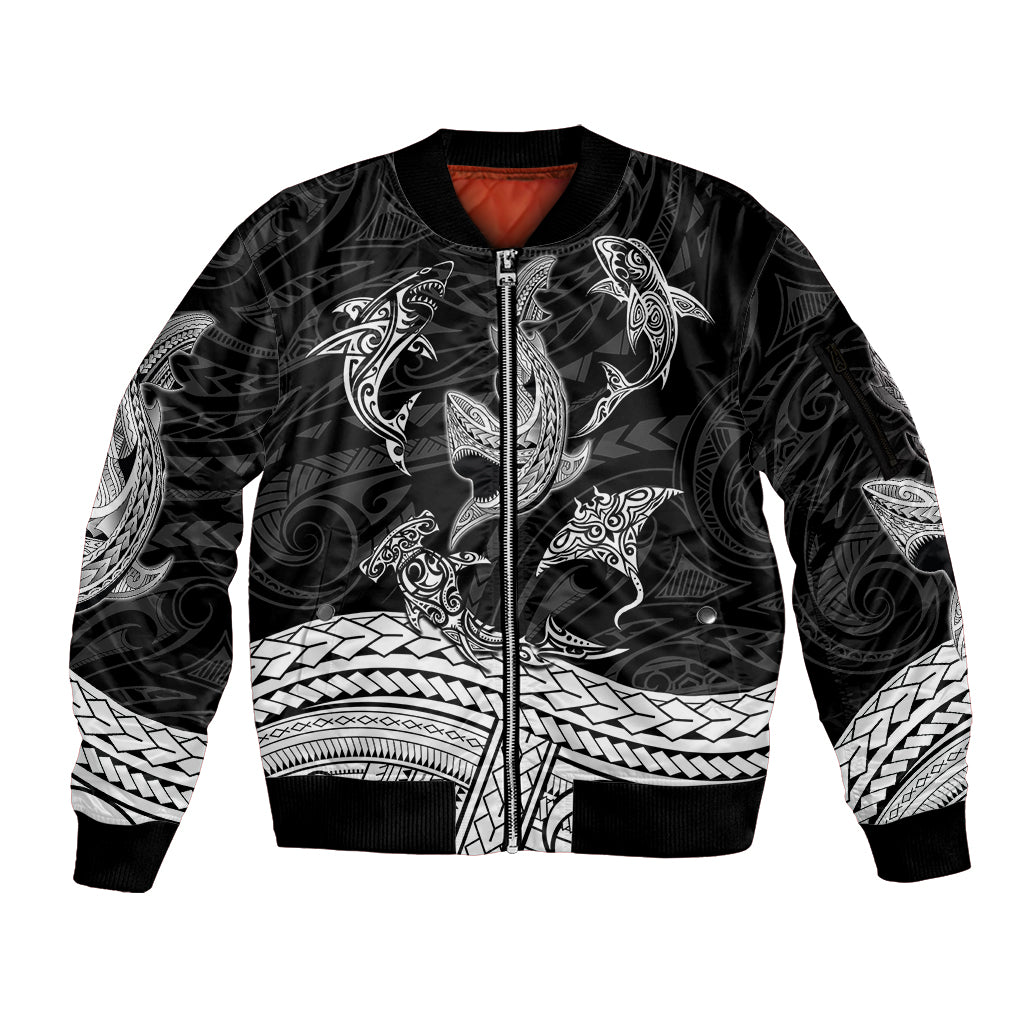 Polynesian Tribal Sleeve Zip Bomber Jacket with Sharks Tattoo White LT6 Unisex White - Polynesian Pride