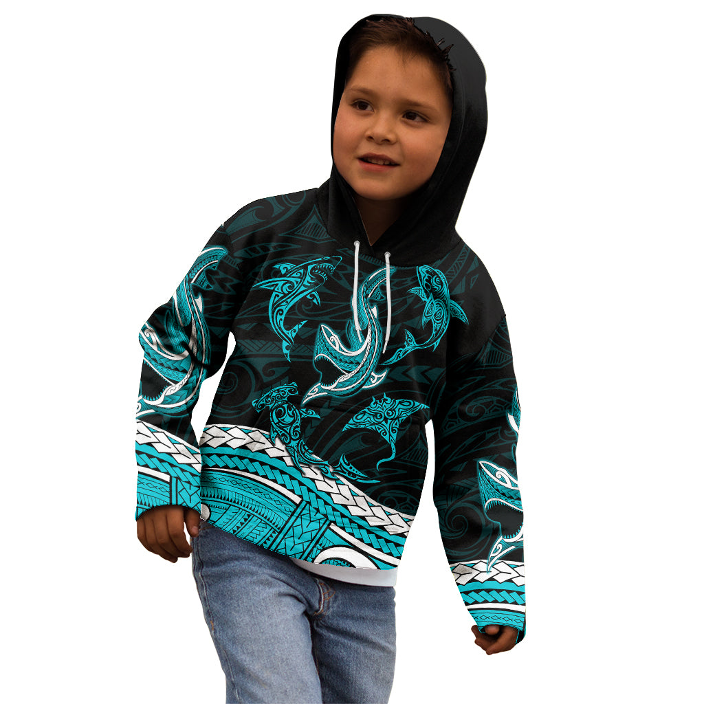 Polynesian Tribal Kid Hoodie with Sharks Tattoo Green LT6 - Polynesian Pride