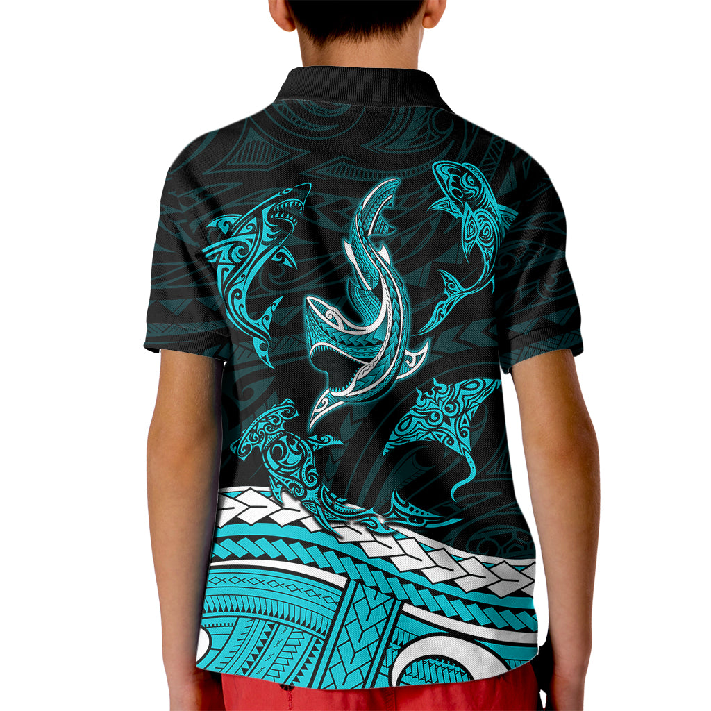 Polynesian Tribal Kid Polo Shirt with Sharks Tattoo Green LT6 - Polynesian Pride