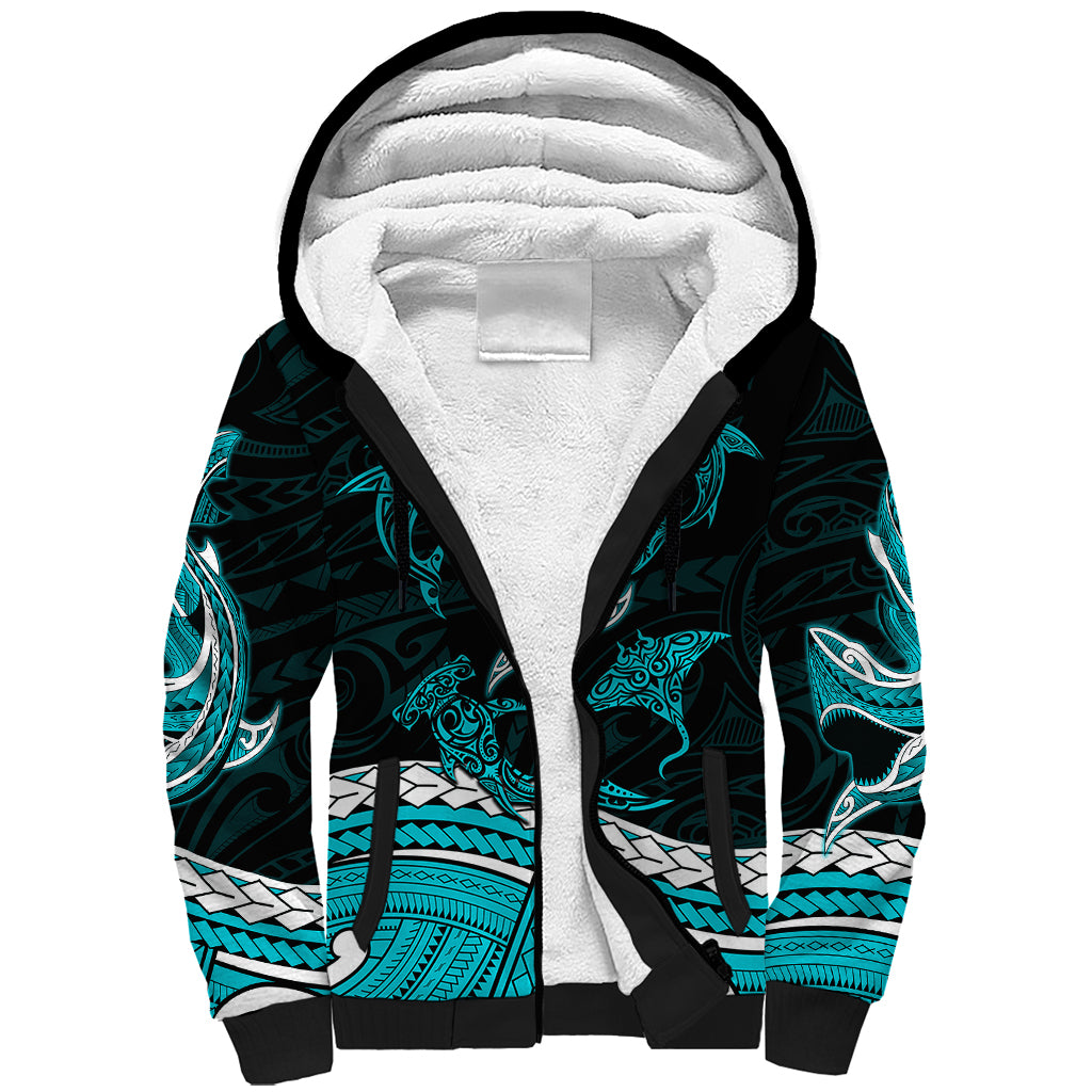 Polynesian Tribal Sherpa Hoodie with Sharks Tattoo Green LT6 Unisex Green - Polynesian Pride