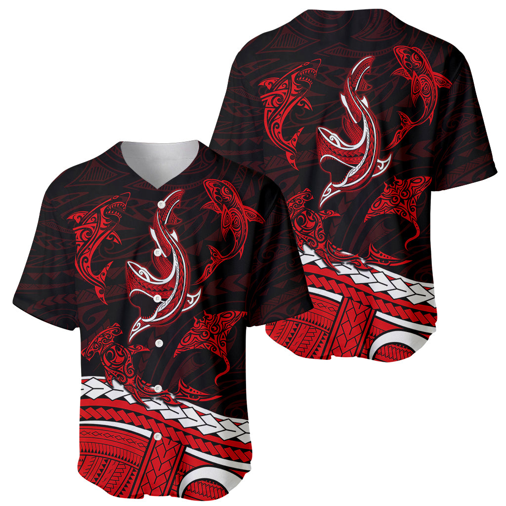 Polynesian Tribal Baseball Jersey with Sharks Tattoo Red LT6 - Polynesian Pride