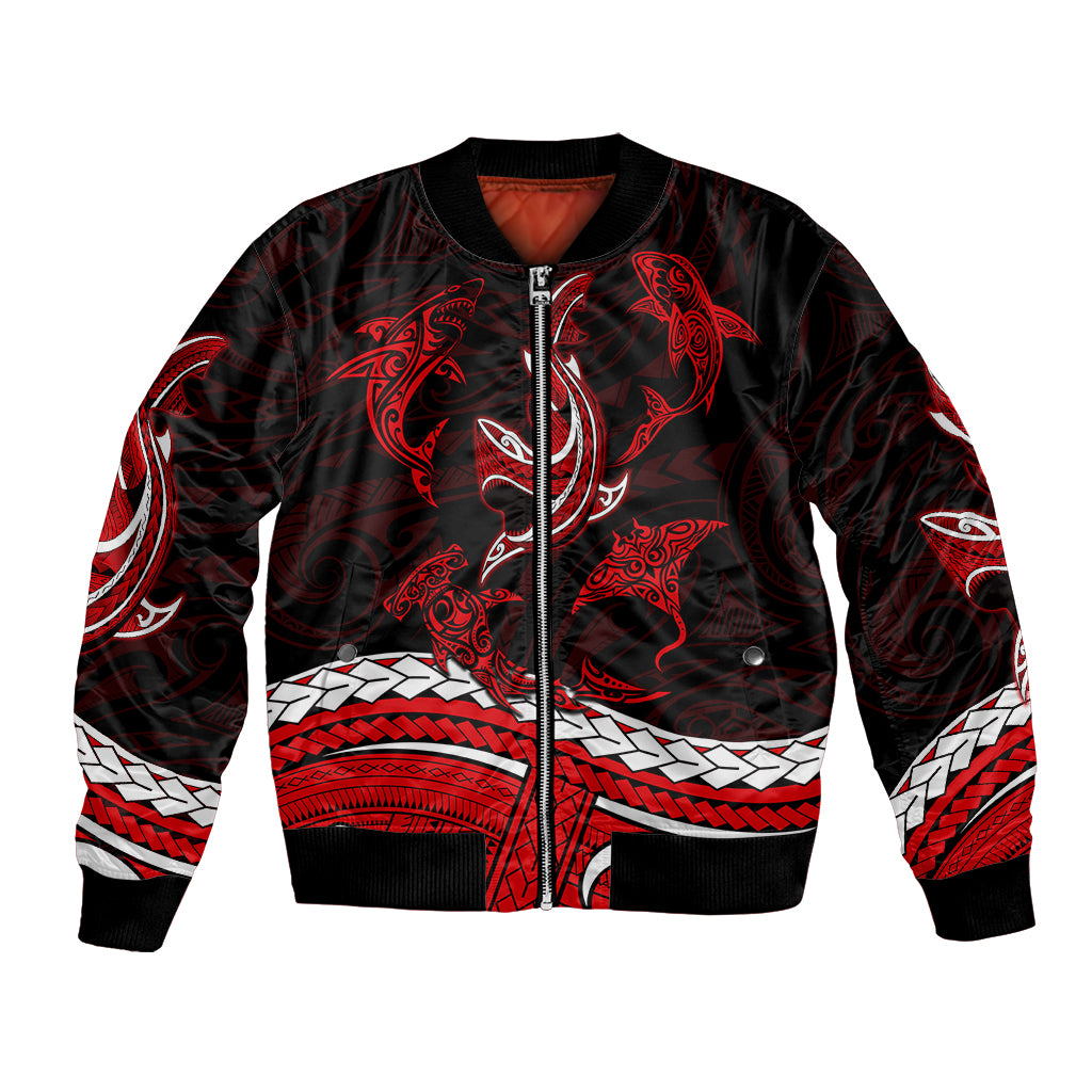 Polynesian Tribal Bomber Jacket with Sharks Tattoo Red LT6 Unisex Red - Polynesian Pride