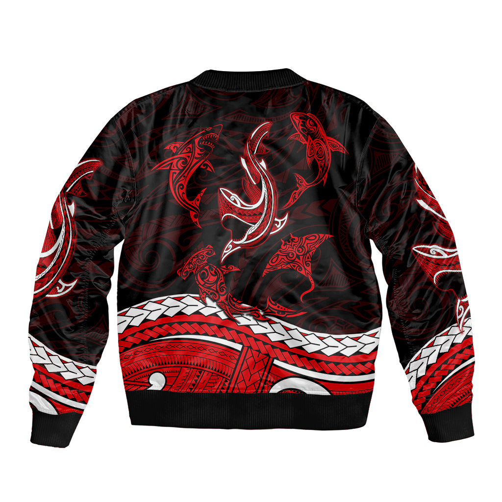 Polynesian Tribal Bomber Jacket with Sharks Tattoo Red LT6 - Polynesian Pride