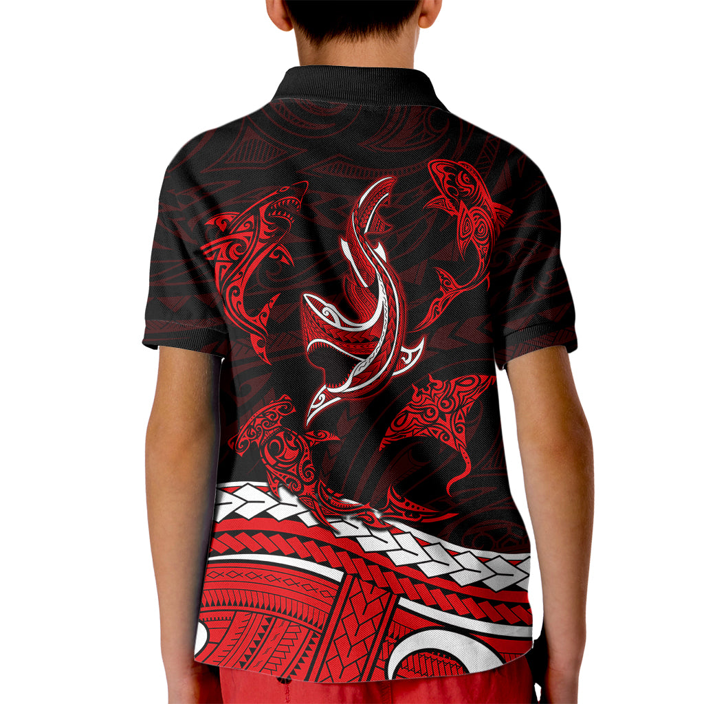 Polynesian Tribal Kid Polo Shirt with Sharks Tattoo Red LT6 - Polynesian Pride