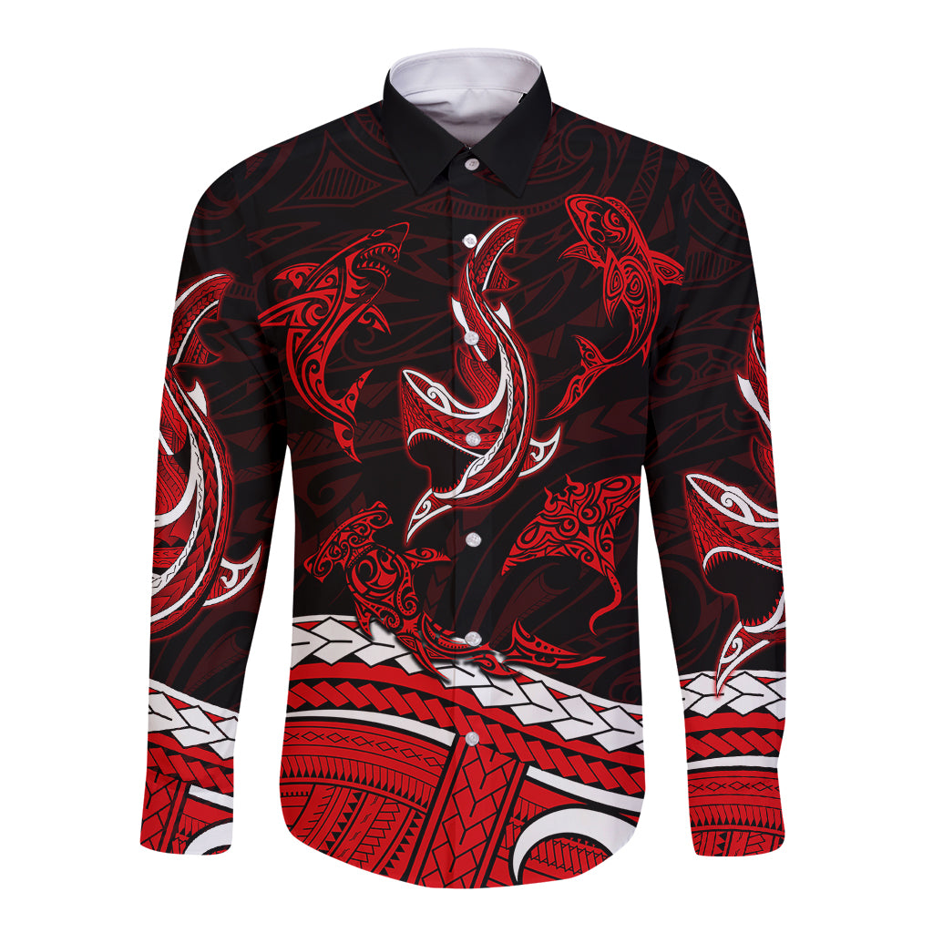 Polynesian Tribal Long Sleeve Button Shirt with Sharks Tattoo Red LT6 Unisex Red - Polynesian Pride