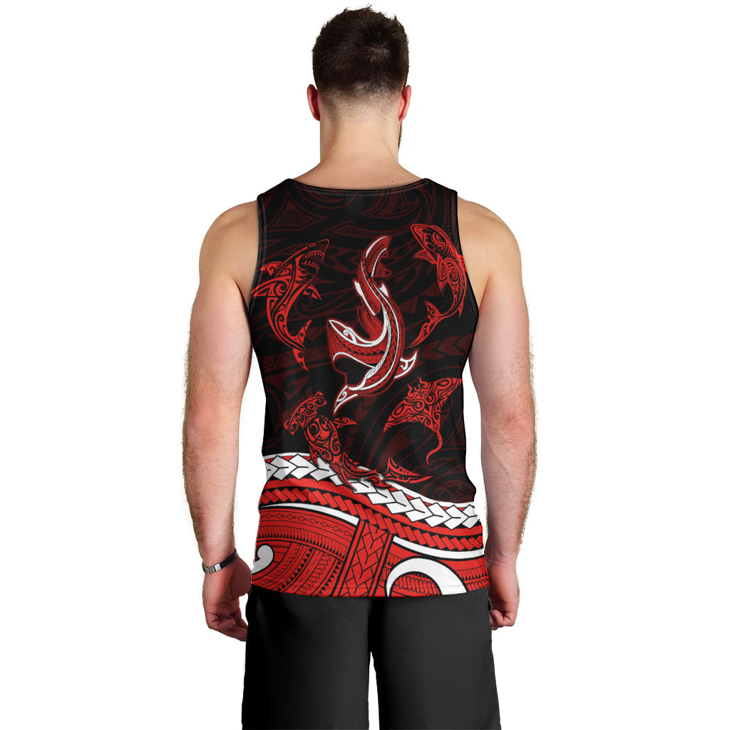 Polynesian Tribal Men Tank Top with Sharks Tattoo Red LT6 - Polynesian Pride