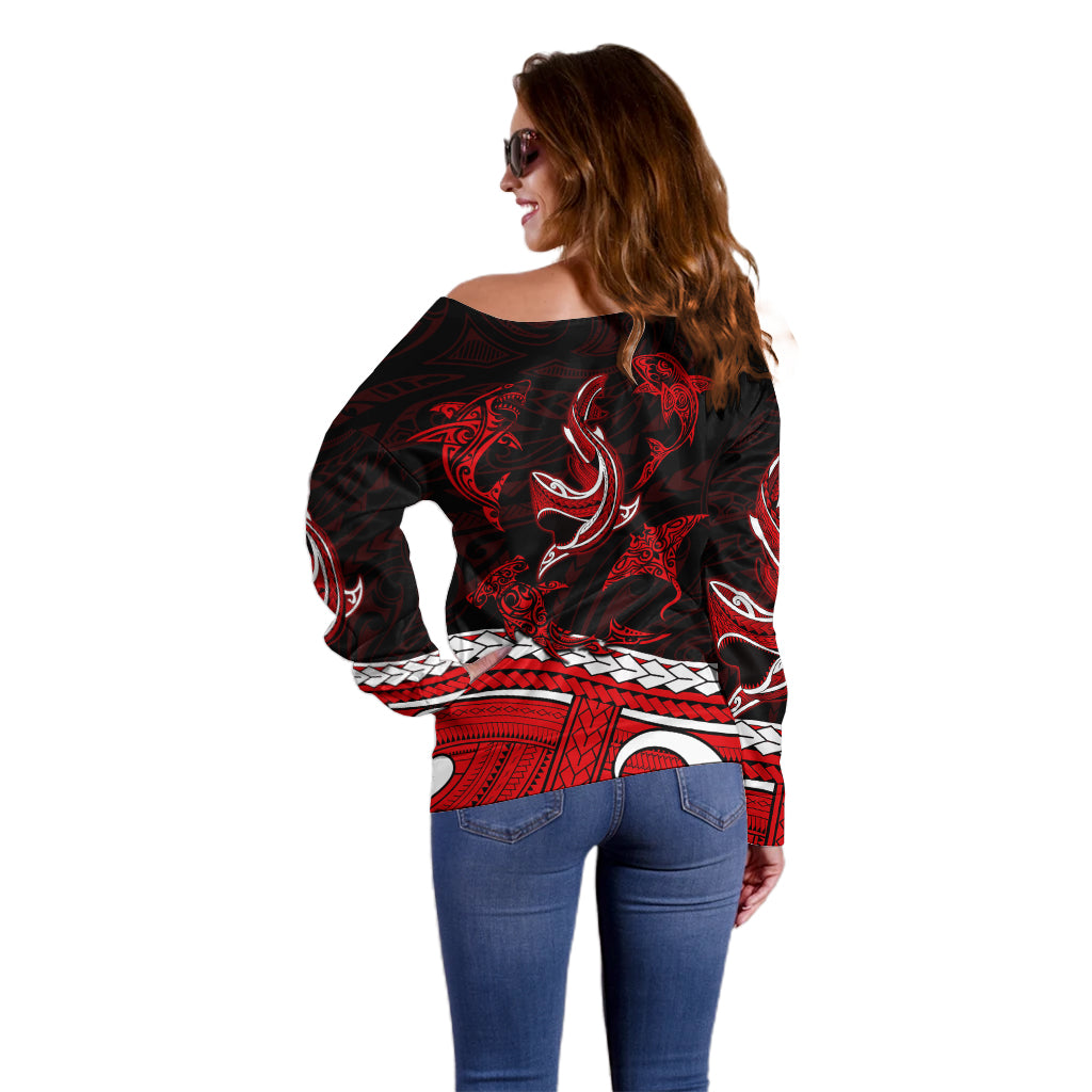 Polynesian Tribal Off Shoulder Sweater with Sharks Tattoo Red LT6 - Polynesian Pride